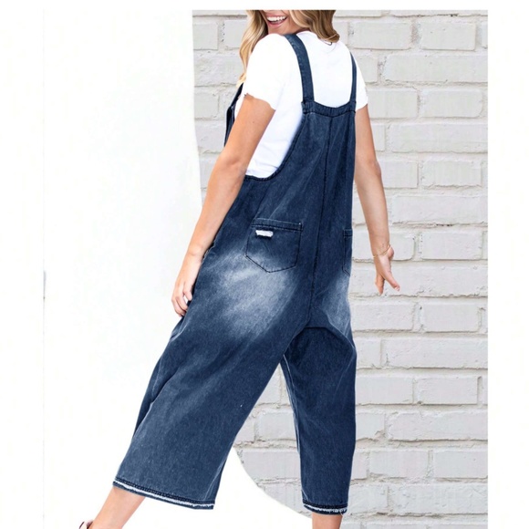 Dark Blue Distressed Wide Leg Adjustable Strap Denim Jean Overalls - Picture 6 of 9
